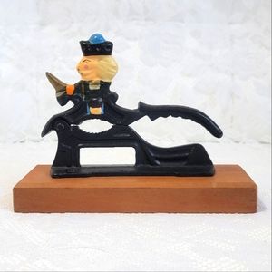 Vintage Painted Cast Iron Figural Lever Nutcracker Natural Wood Base